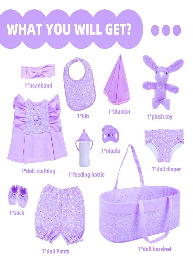 18INDC 11 Pcs Baby Doll Clothes with Purple Floral Design Baby Doll Bassinet & Accessories for 16-18 Inch Baby Doll, Baby Doll Clothes Outfit Accessories Fit Reborn Baby Doll - Image 3